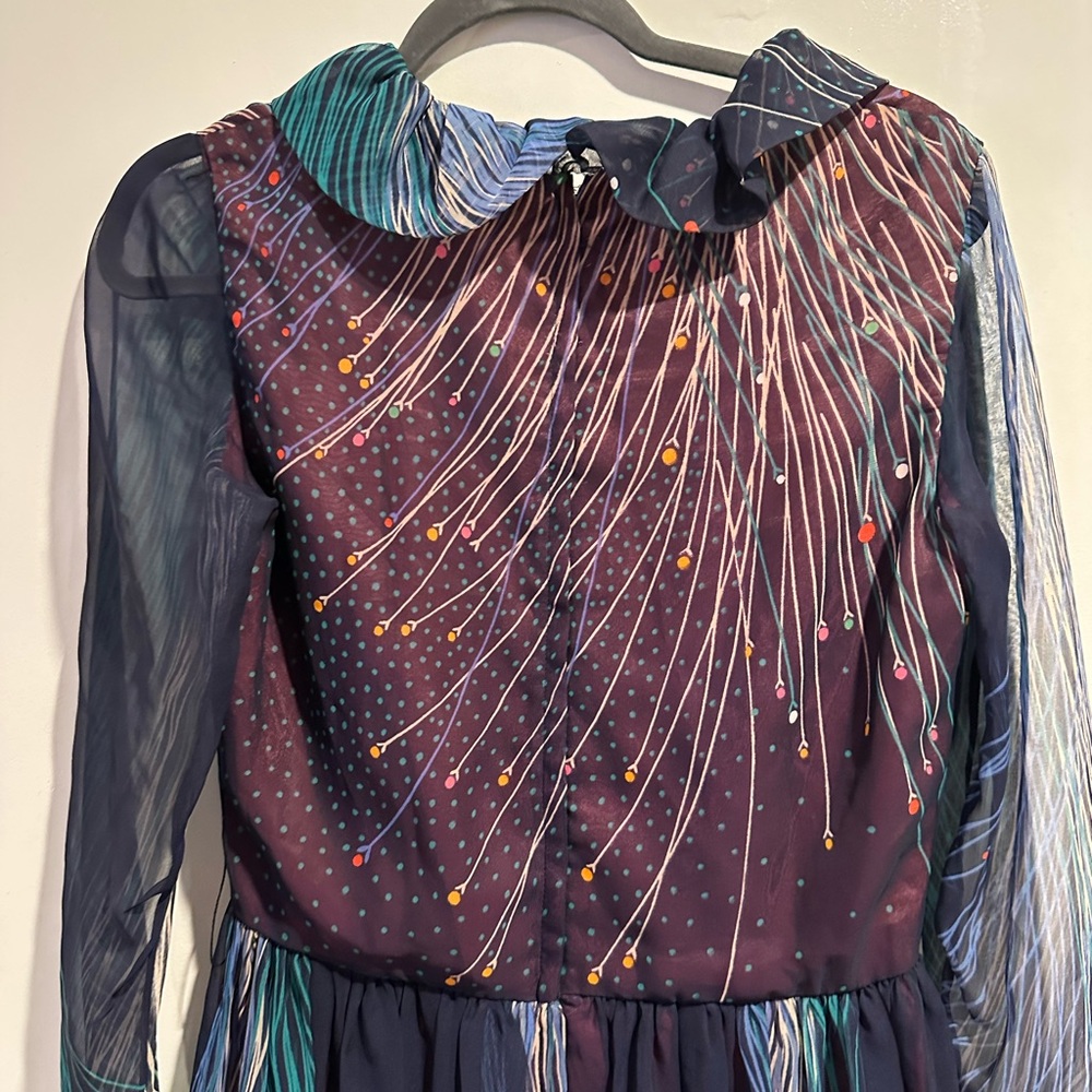 Vintage Green and Blue Cocktail Dress with Bishop Sleeves